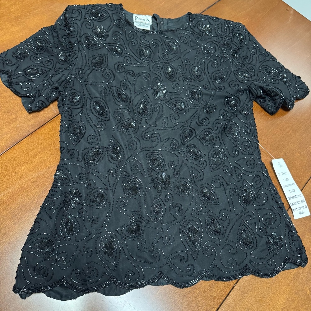 NWT Vintage Patra Petites 100% Silk Beaded Sequined Evening Top Black 80’s Sz MP - Picture 11 of 11